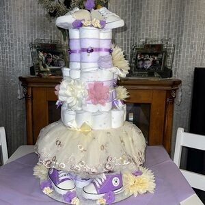 Purple and White Diaper Cake with Sneakers